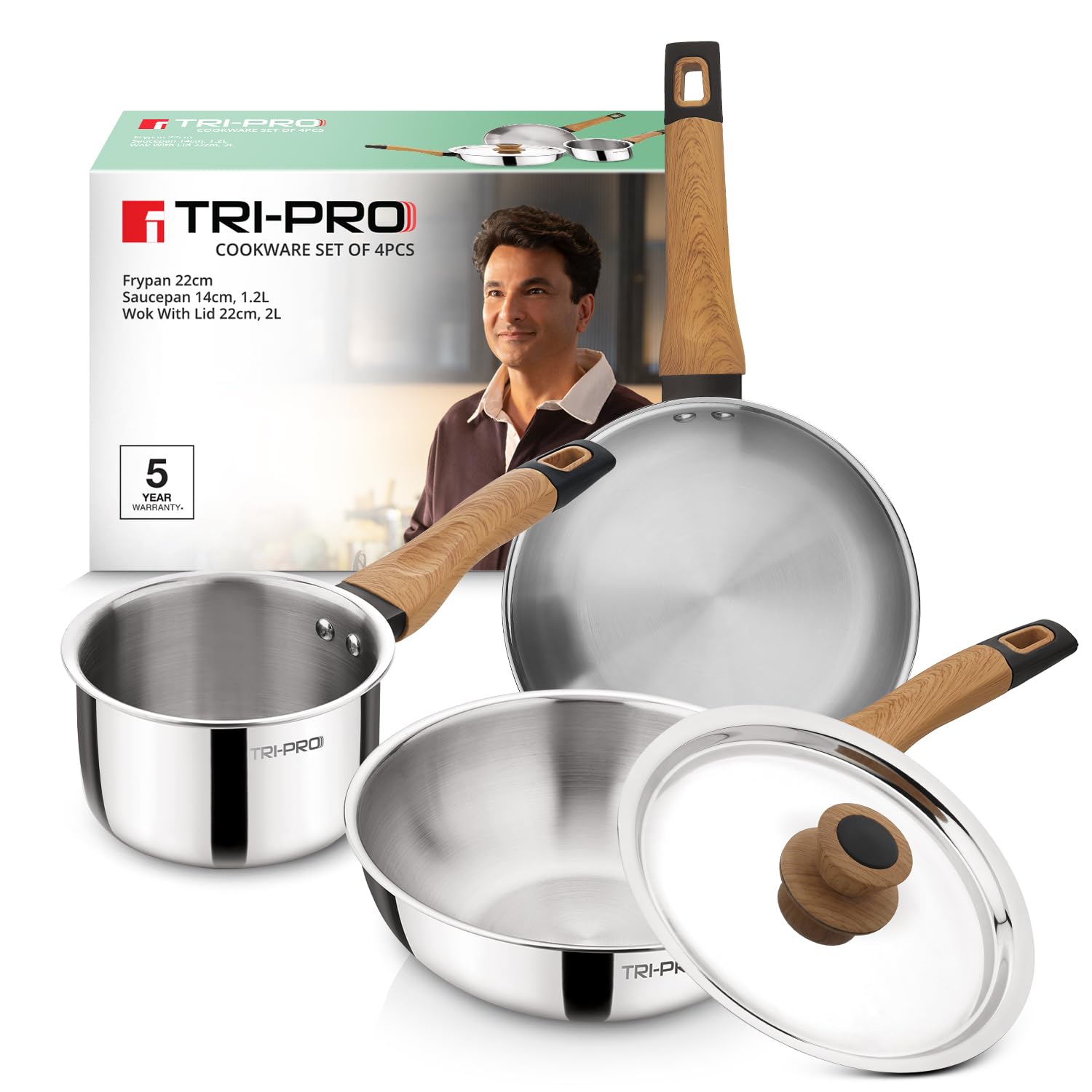 Bergner Tripro Triply 4 Pcs Cookware Set - Frypan 22cm, Saucepan 14cm (1.2L), Wok with Stainless Steel Lid 22cm (2L)