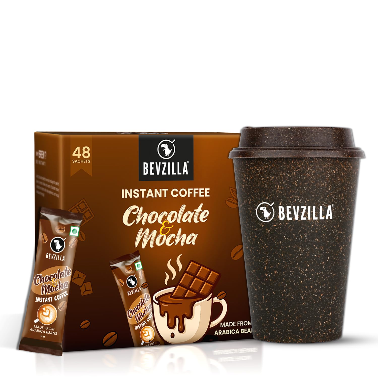Bevzilla 48 Chocolate & Mocha Instant Coffee Sachets with Eco-Friendly Bio-Composite Tumbler | Bamboo Fiber, Coffee Husk