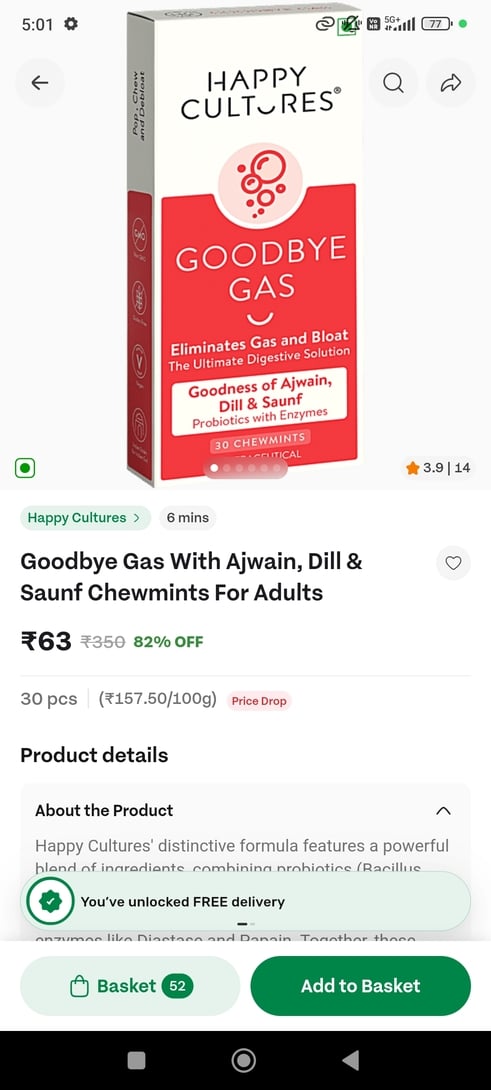 [ Bigbasket ] Happy cultures Goodbye gas at 63 rs