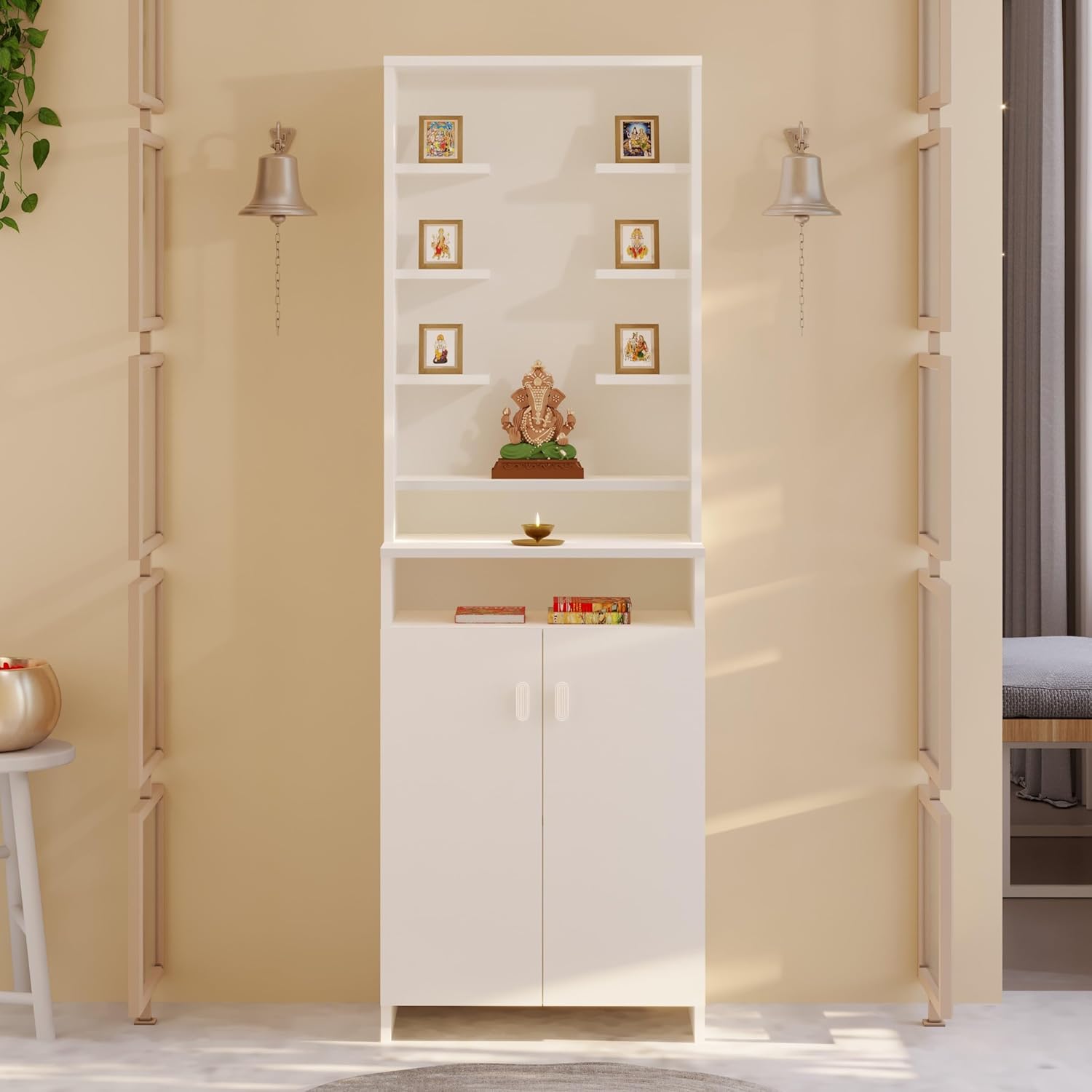 BLUEWUD Shubh Mandir, Temple Pooja Unit for Home with Storage Cabinet, Floor Standing Puja Room Altar,