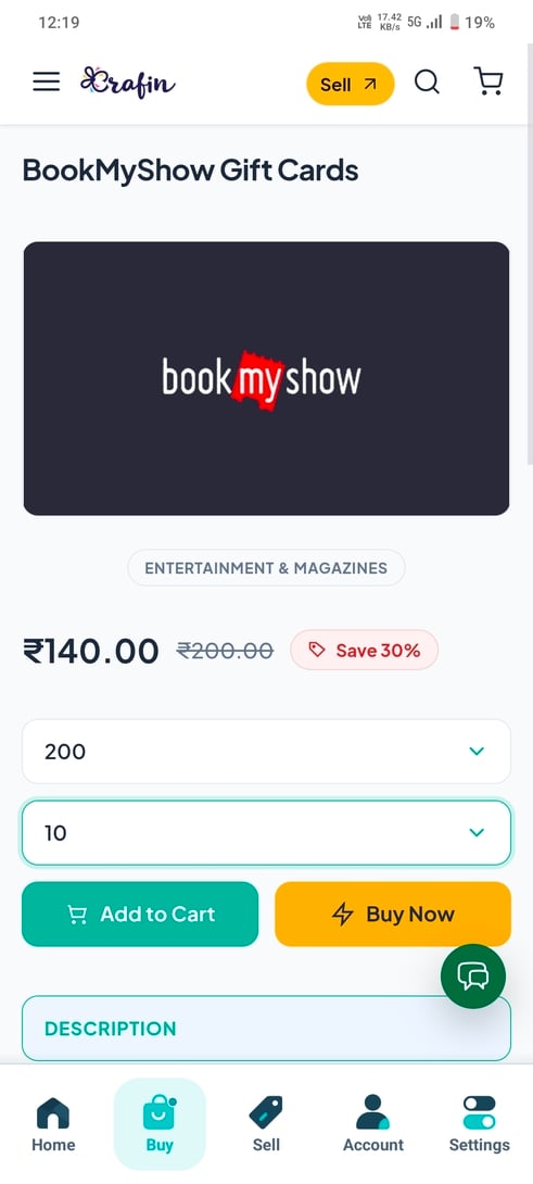 BookMyShow GC @30% OFF on crafin