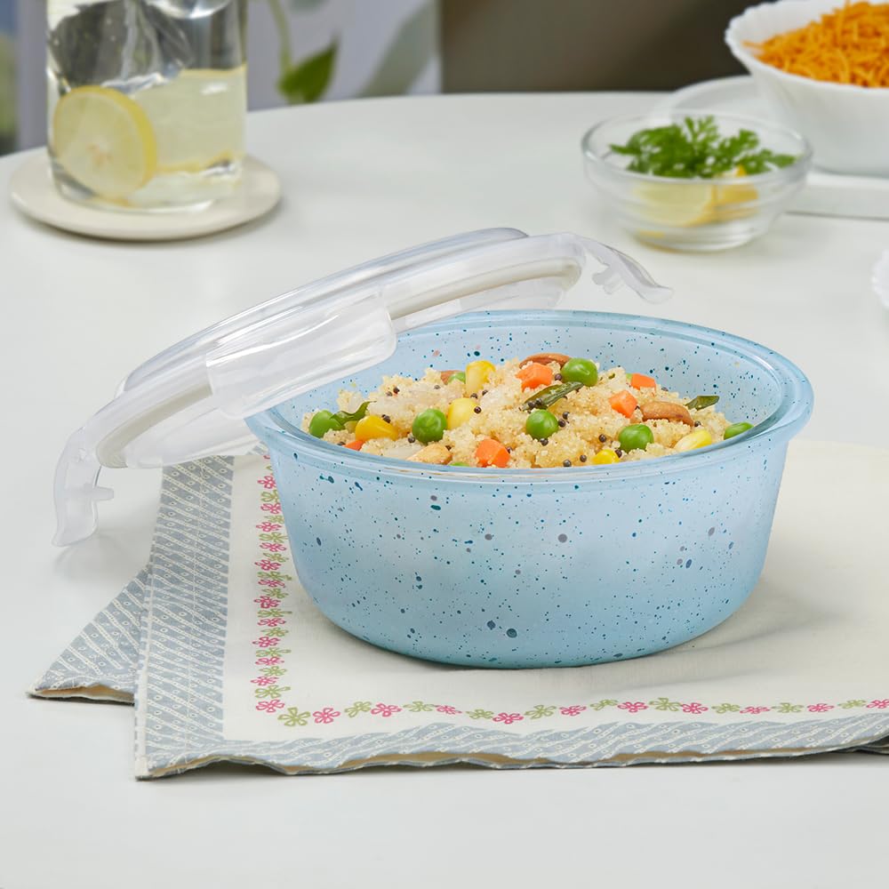 Borosil 400 ml Blue Food Storage Container with Air Tight Lid | Round Shape Borosilicate Glass Organiser | Microwave & D