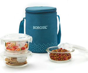 BOROSIL Teal Lunch Box with Bag, 3 Pc (400 ml x 3 Round), Glass O