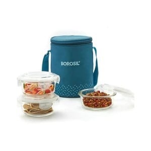 BOROSIL Teal Lunch Box with Bag, 3 Pc (400 ml x 3 Round), Glass Office Tiifin 3 Containers Glass Office Lunch Box (1200