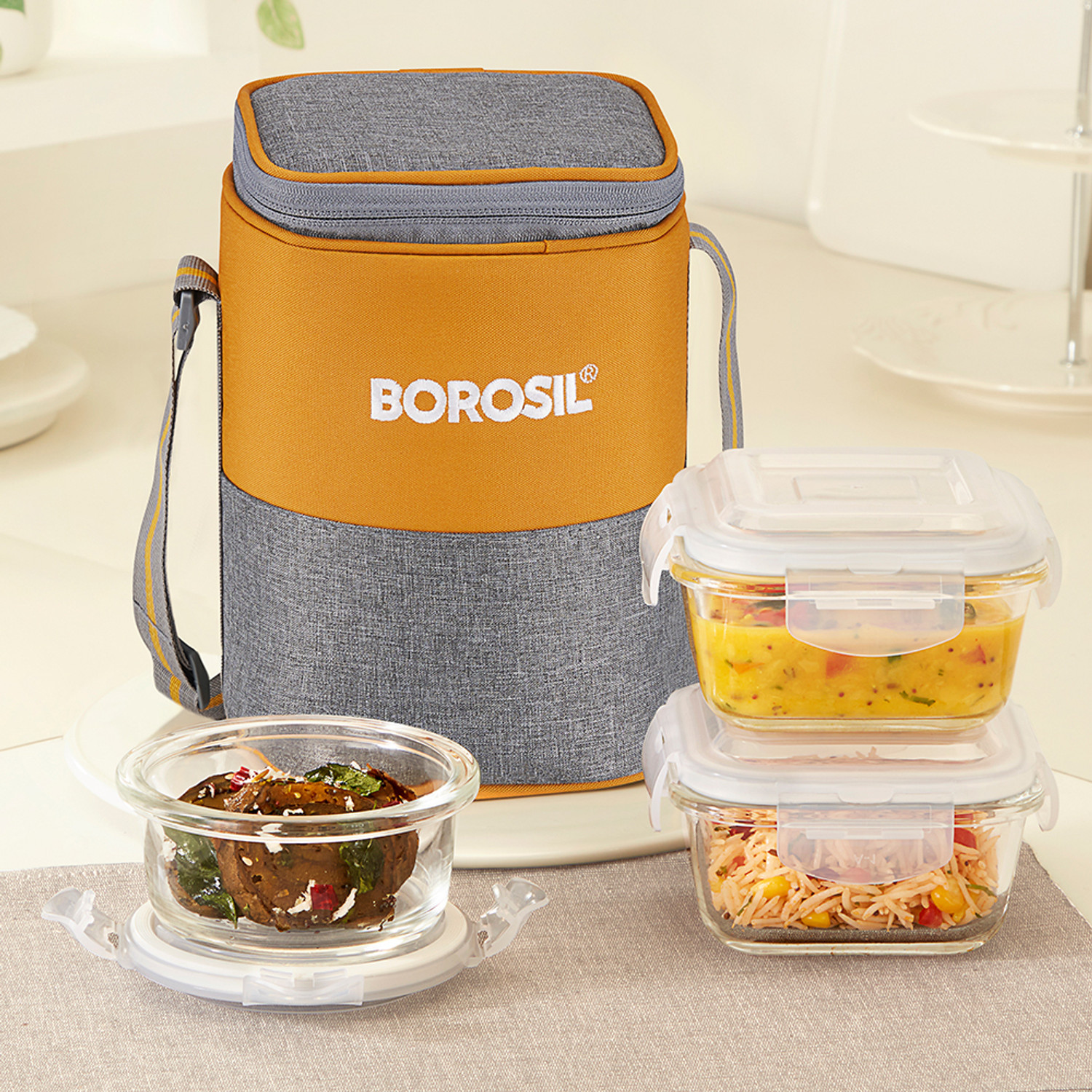 BOROSIL Zest Borosilicate Glass Lunchbox, 3pc Set (320ml x 2 + 24