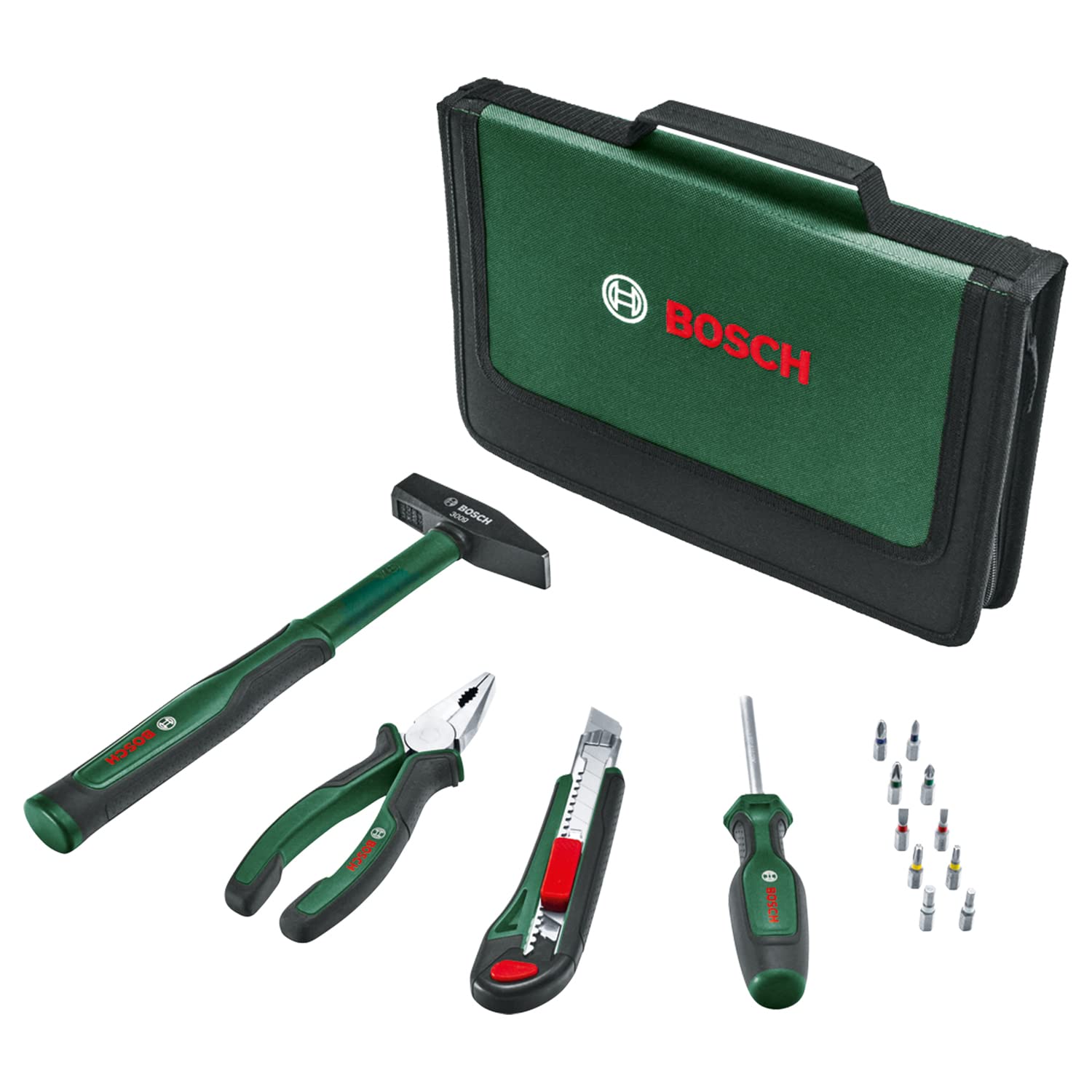 BOSCH 14-Piece Hand Tool Set Complete Set for DIY and Home Repairs with Pliers, Screwdriver, Hammer, Utility Knife & 10