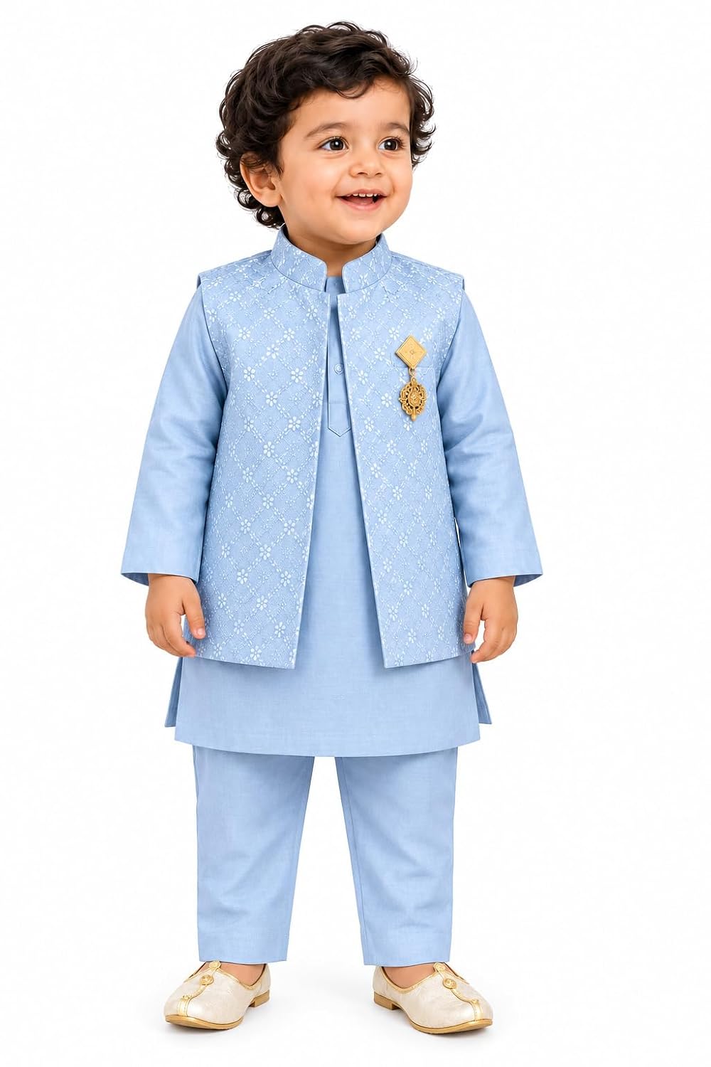 Boys Kurta Pajama Set with Embroidered Waistcoat & Brooch, 3 Piece Traditional Ethnic Wear Set for Kids, Indian Festive