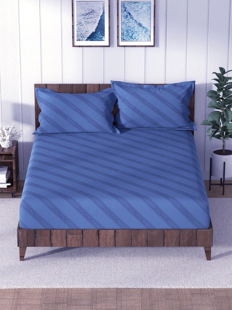 Buy Nautica Navy Blue Striped Pure Cotton 160 TC Fitted King Bedsheet With 2 Pillow Covers 108 X 108 Inches - Bedsheets