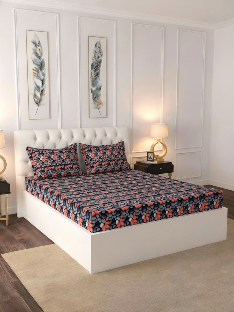 Buy Raymond Home Navy Blue & Red Floral 100 TC Bedsheet With 2 Pillow Covers - Bedsheets for Unisex 38632182