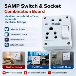 CANDLE Unbreakable(Pack of 1)5amp. 1 switch+2 outlets+Indicator Combined Box 5 A One Way Electrical Switch
