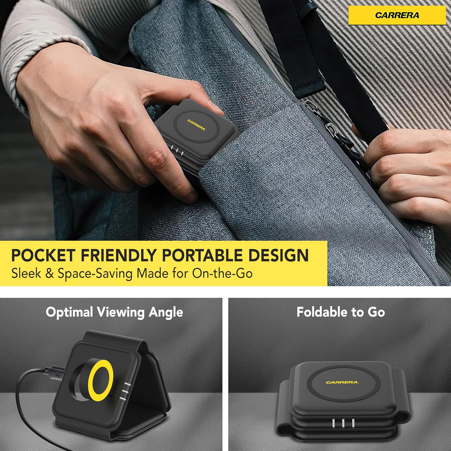 Carrera 22.5W Magnetic 3 in 1 Foldable Wireless Charger Pad CWC-235, Magnetic 15W Fast Charging for Phone, 5W for Earbud