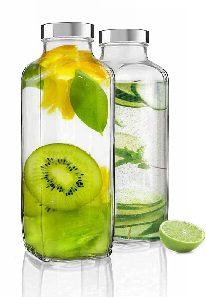 Castanea Glass Water Bottle 1000ml | Leak Proof Airtight Stainless Steel Lid | Travel Fridge