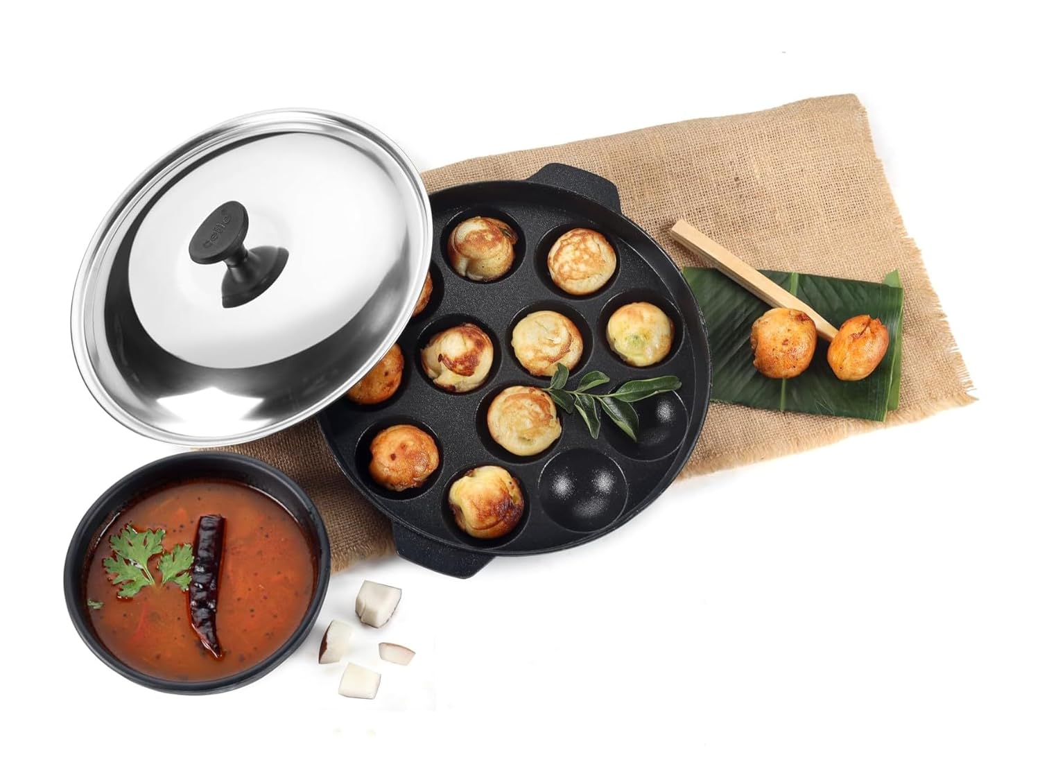 CELLO Aluminium Nonstick 12 Cavity Appam Patra Chatty Pan Maker with Steel Lid, Black | Double Hand Handle, Gas Stove Co