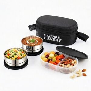cello Double treat Lunch Box - 3 container 3 Containers Stainless Steel, Plastic Office Lunch Box (300 ml, Microwave Saf
