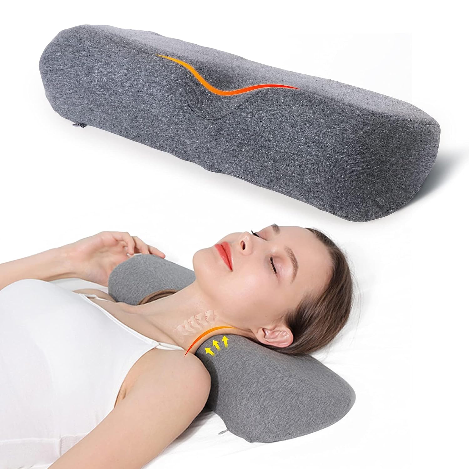 Cervical Roll Memory Foam Pillow, Round Bolster with Groove for Neck Support, Orthopedic Cylinder Cushion for Spinal Ali