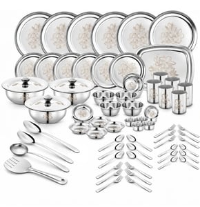 Classic Essentials Pack of 71 Stainless Steel Dinner Set Serves 6 People Heavy Gauge Kitchen Set Permanent Laser-Glory D