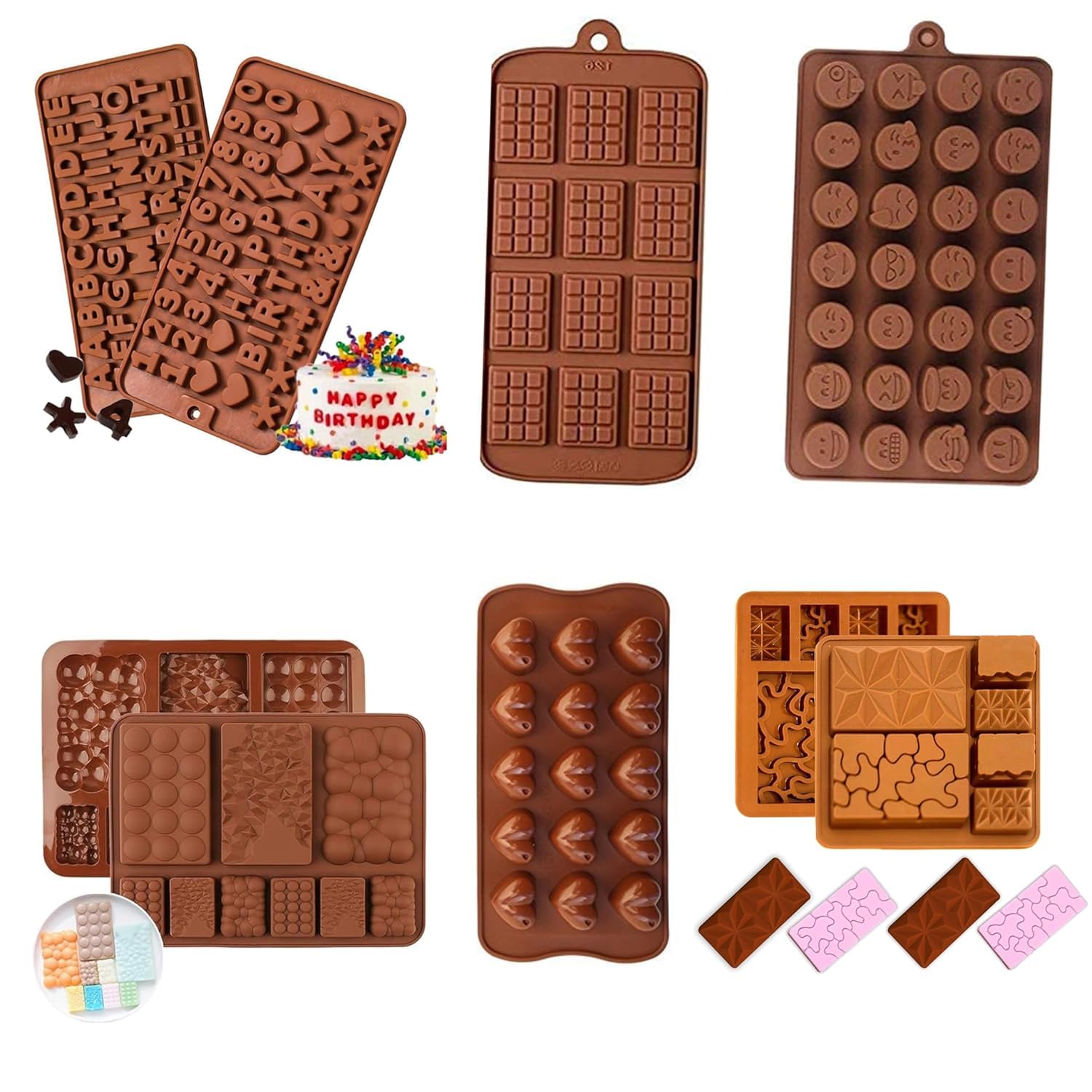 Clazkit Flexible and Reusable Silicone Alphabet, Smiley, Cadbury, Mini Heart, Chocolate Bar and Zigzag Chocolate Molds