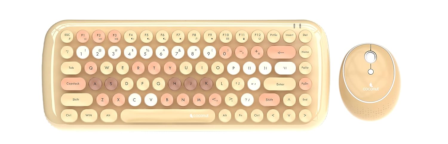 Coconut Bling Typewriter Inspired 2.4GHz Retro Wireless Keyboard and Mouse Set with USB Support