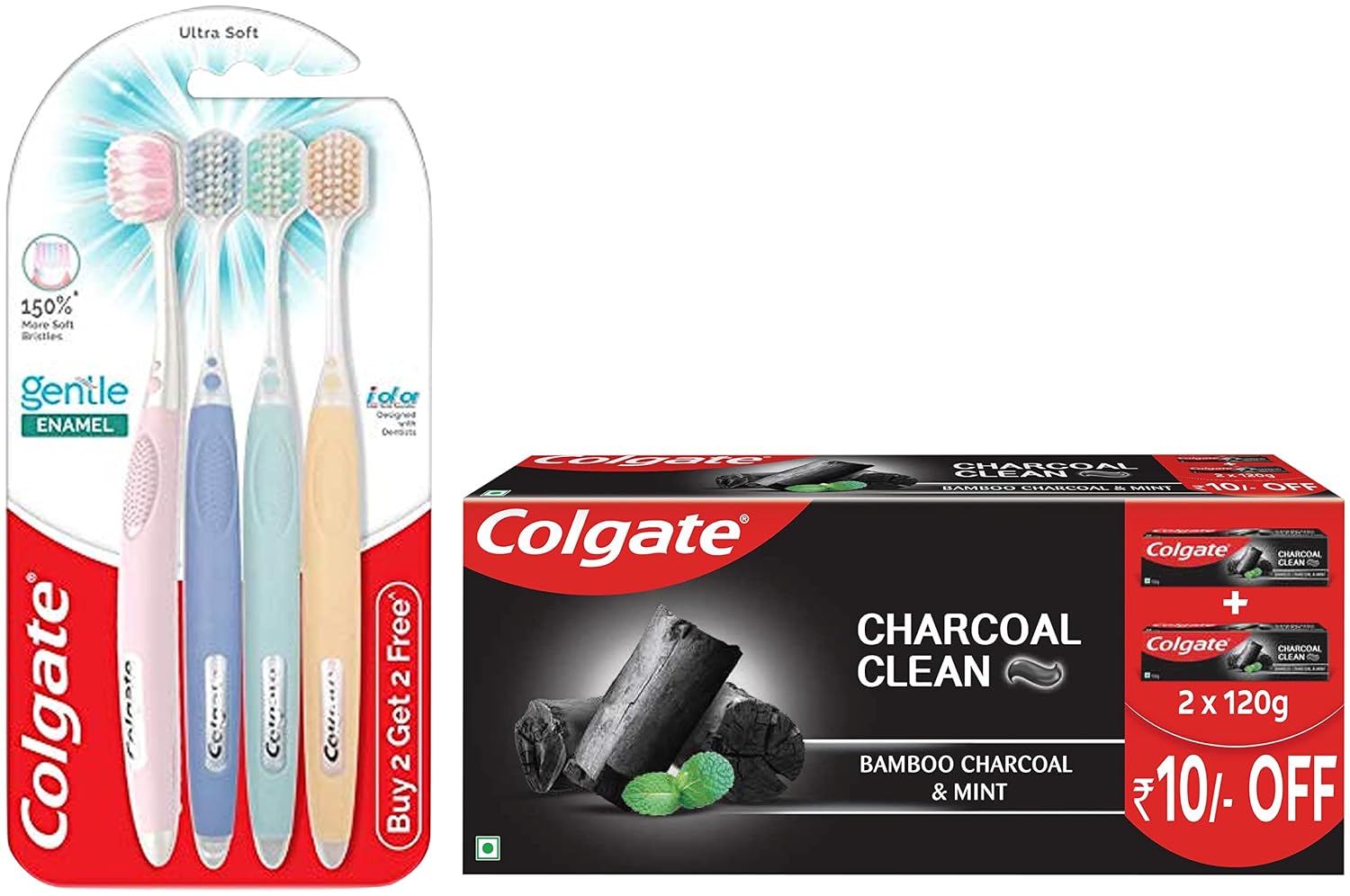 Colgate Adult Gentle Enamel Ultra Soft Bristles Manual Toothbrush 4 Pcs (Buy2 Get 2) & Colgate Charcoal Clean Black Gel