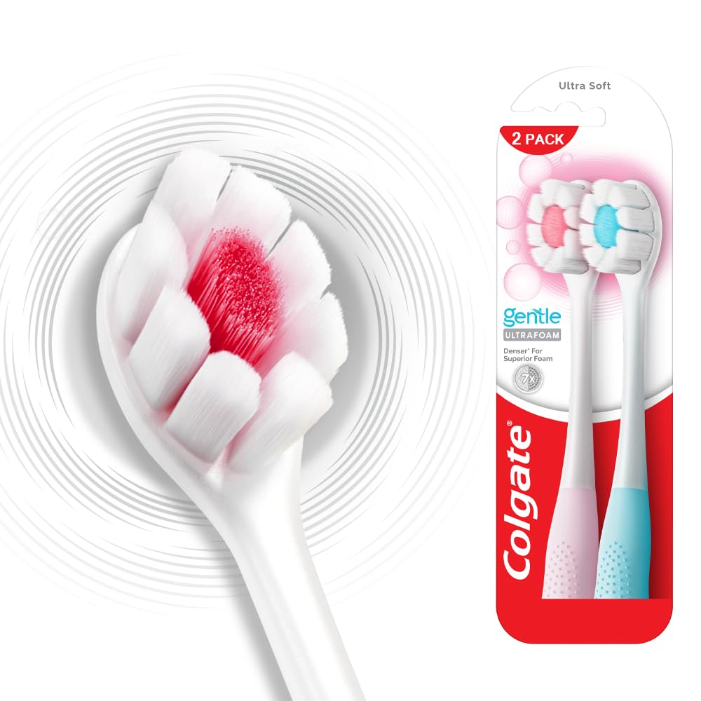 Colgate Gentle UltraFoam Ultra Soft Bristles Manual Toothbrush for adults, 2 Pcs, Soft Bristles for Superior Clean, Asso