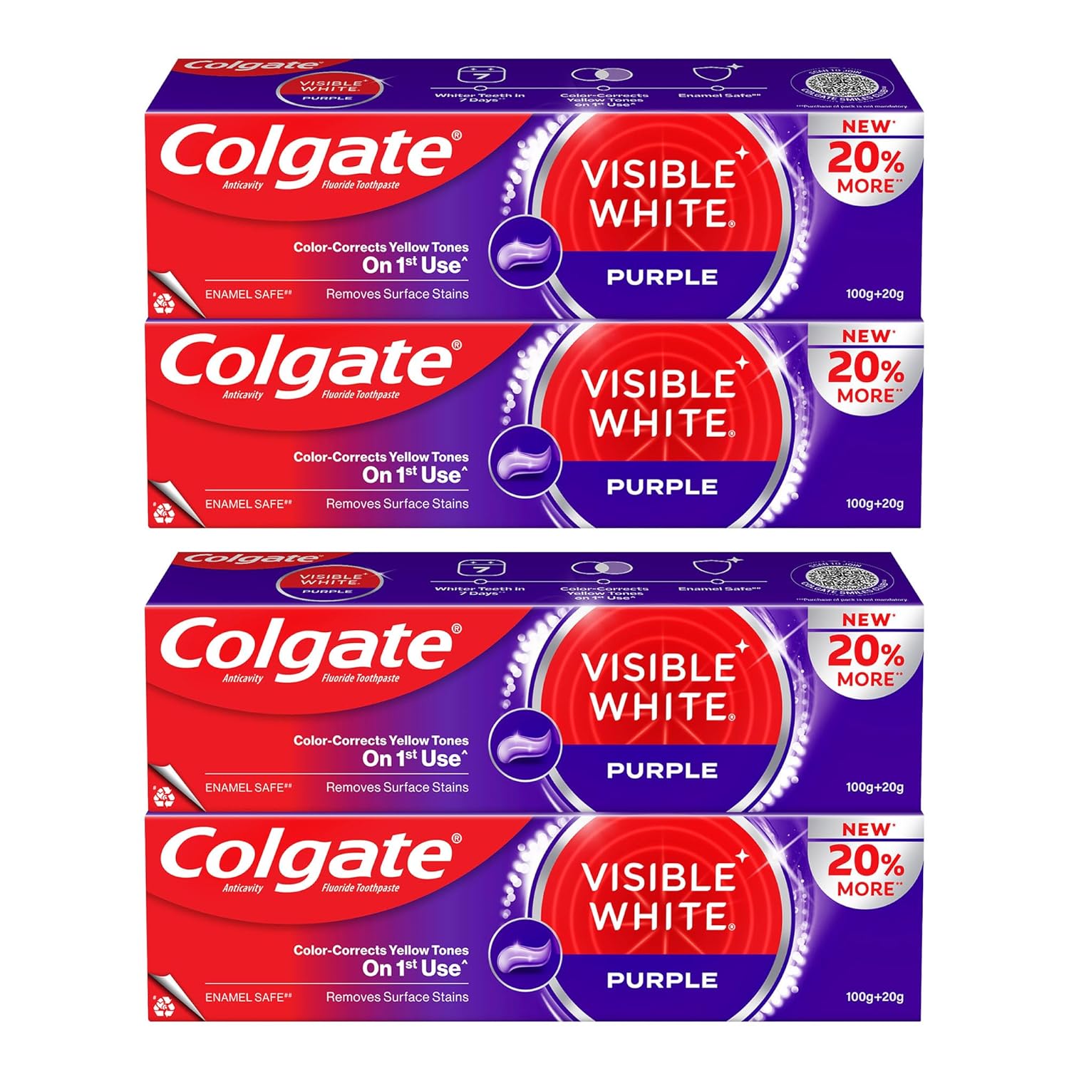 Colgate Visible White Purple Toothpaste Color-Corrects Yellow Tones on 1st Use Removes Surface Stains Enamel Safe (480g)
