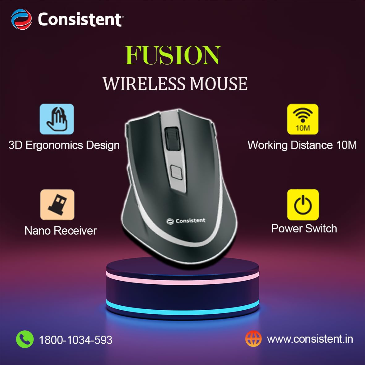 Consistent Fusion Wireless Mouse (MG1151) Wireless Mouse, 2.4GHz with USB Nano Receiver