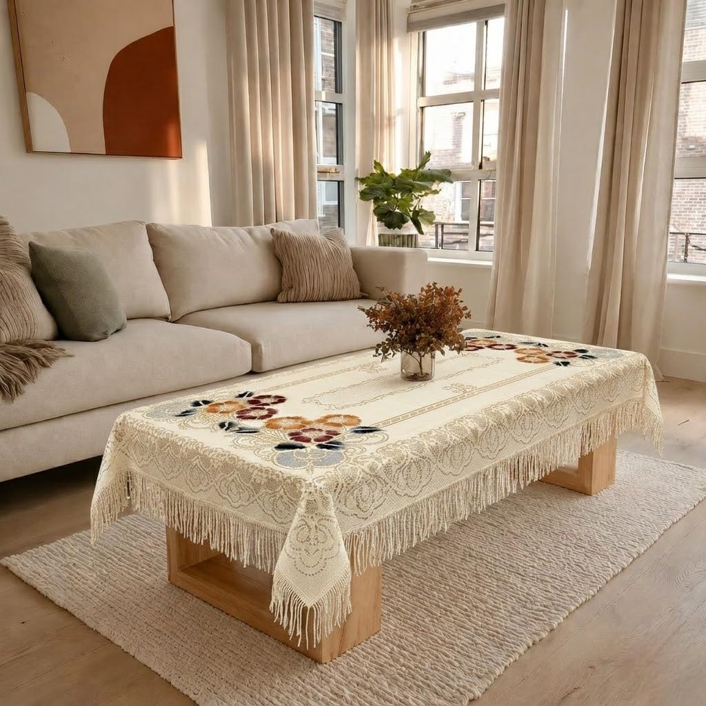 Cotton Net Embroidered Center & Dining Table Cover for 4 Seater | Rectangular 40X60 Inch | Lightweight & Washable Table