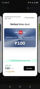 CRED Gift Card : MakeMyTrip Rail & Bus Promo Gift Cards at 80% OFF