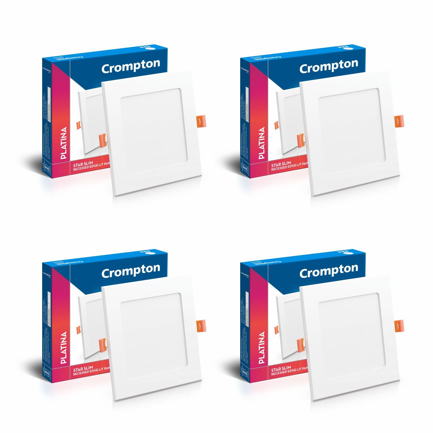 Crompton Platina Star Slim Recessed Edge Lit Panel 15Watt LED Square (Pack of 4, Warm White)