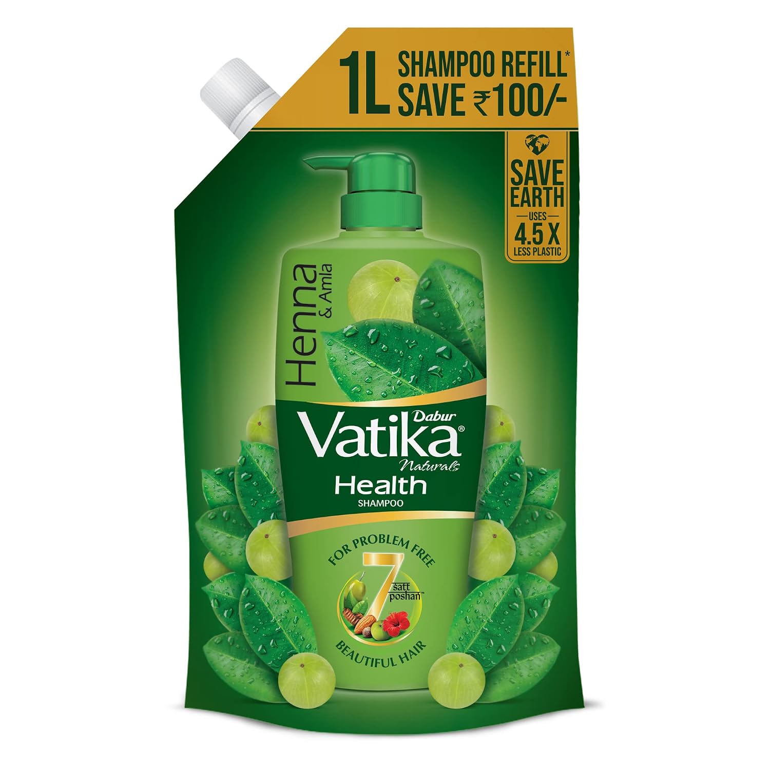 Dabur Vatika Health Shampoo - 1 L (Refill Pouch) | With 7 Natural Ingredients | For Smooth, Shiny & Nourished Hair | Rep