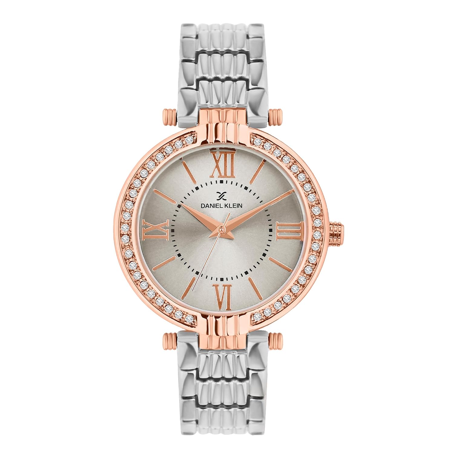 Daniel Klein Analog Silver Round Dial Silver Metal Strap Stone-Studded Water-Resistant Wrist Watch for Women Girls, Ladi