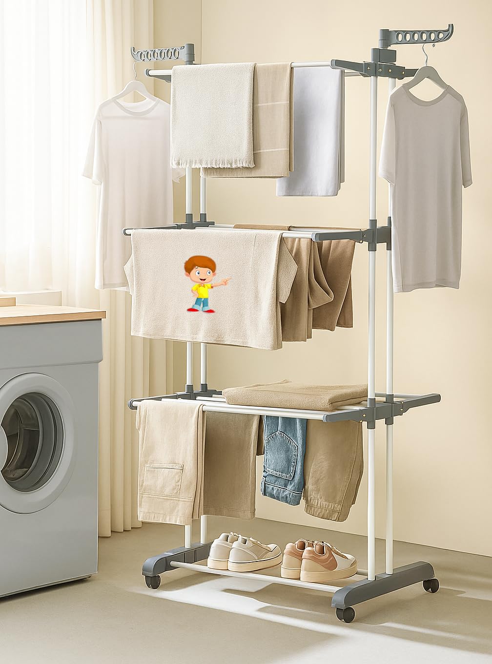 Deal: FLIPZON Premium 3 Layer Clothes Drying Stand with Wheels | Foldable Wings | Double Pole Alloy Steel Rack | 360° Ro