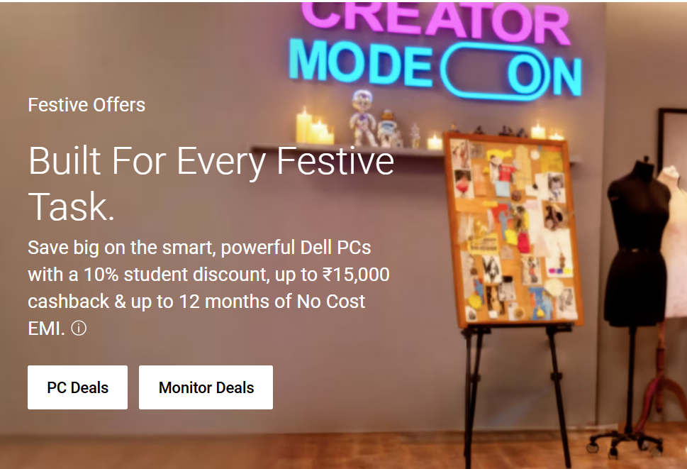 Dell Festive Offers - 10% Student discount Up to Rs.15000 CB + 5% Off Sitewide