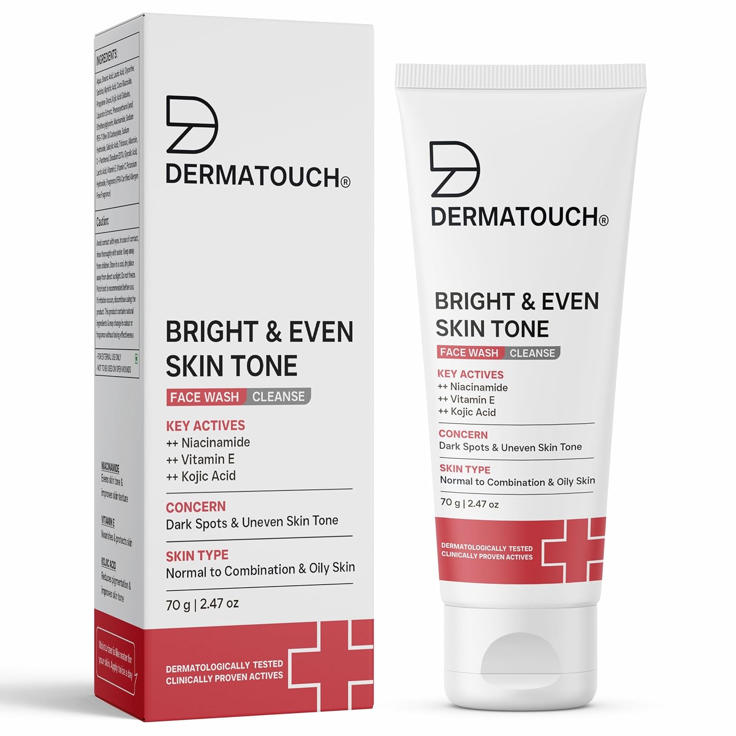 DERMATOUCH Bright & Even Tone Face Wash with Niacinamide, Vitamin E and Kojic Acid | For Tan, Pigmentation Dark Spots &