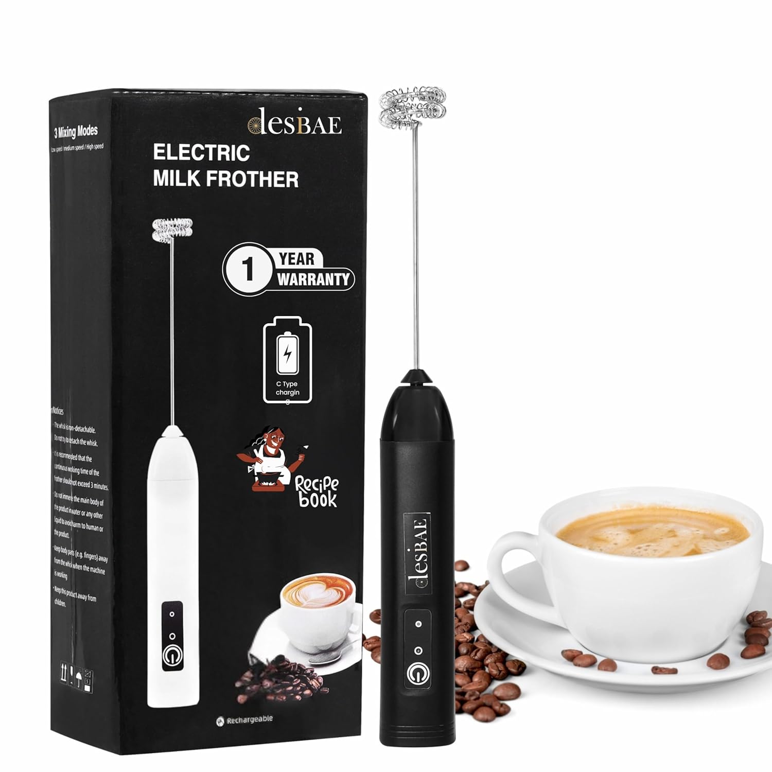 Desi BAE Frother Electric with Double Whisk | C Type Rechargeable Coffee Maker Machine for Home | 1 Year Warranty | Free