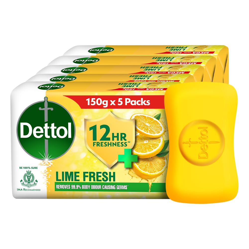 Dettol Lime Fresh (Cool) Bathing Soap Bar with 12hr Freshness (750gm) |Long Lasting Freshness, 150gm Pack of 5 (3308672)