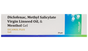 Dicamol Plus Gel For Body Pain Relief Diclofenac diethylamine (11.6mg)+ Methyl Salicylate (100mg)+ Oleum Lini (30mg)+ Me