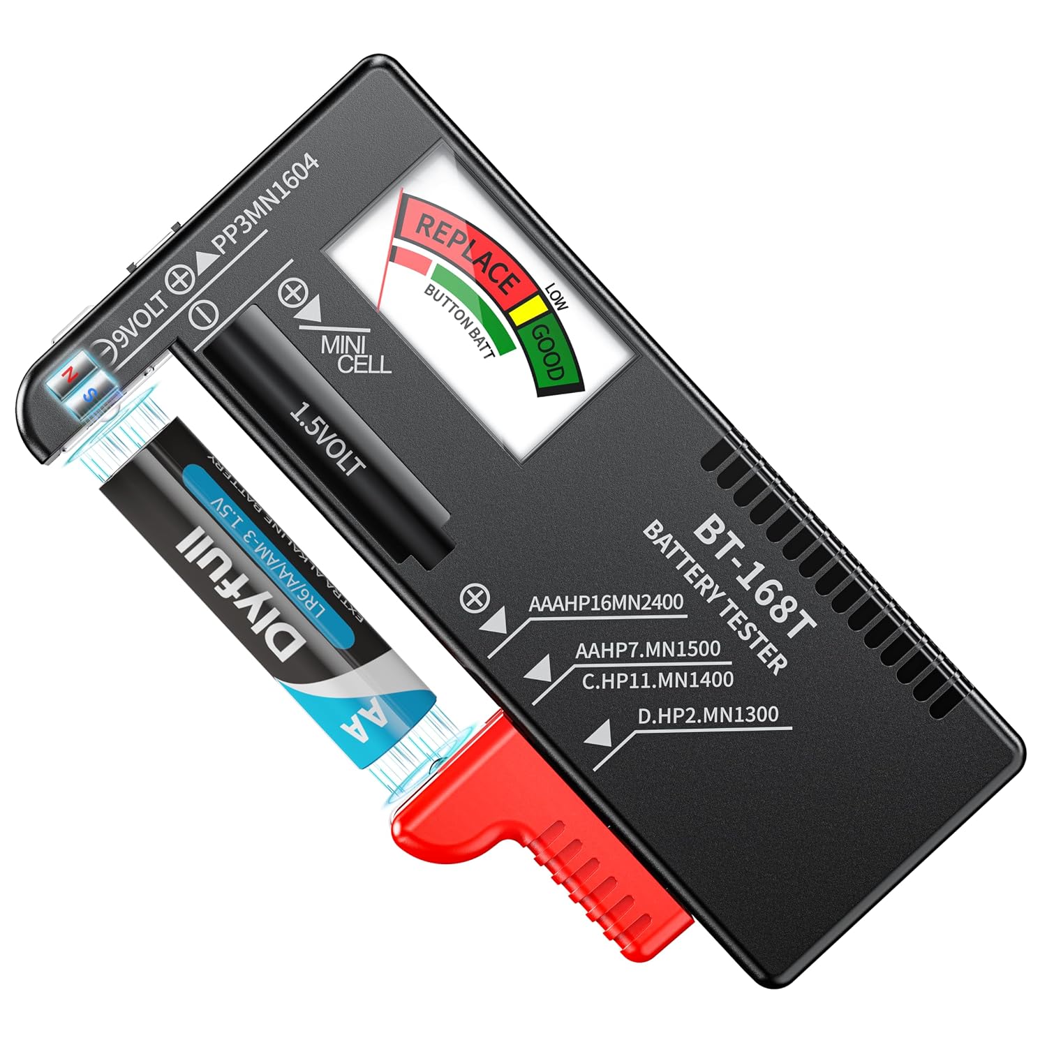 Dlypow Magnetic Battery Tester for AAA AA C D 9V, Buttons, Batteries Checker