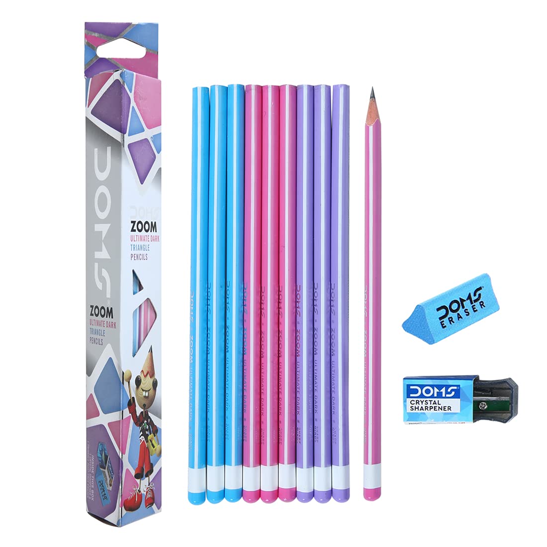 Doms Zoom Ultimate Dark Pencil Box Pack | Triangular Shape For Easy Holding & Comfort | Free Eraser & Sharpner With Each