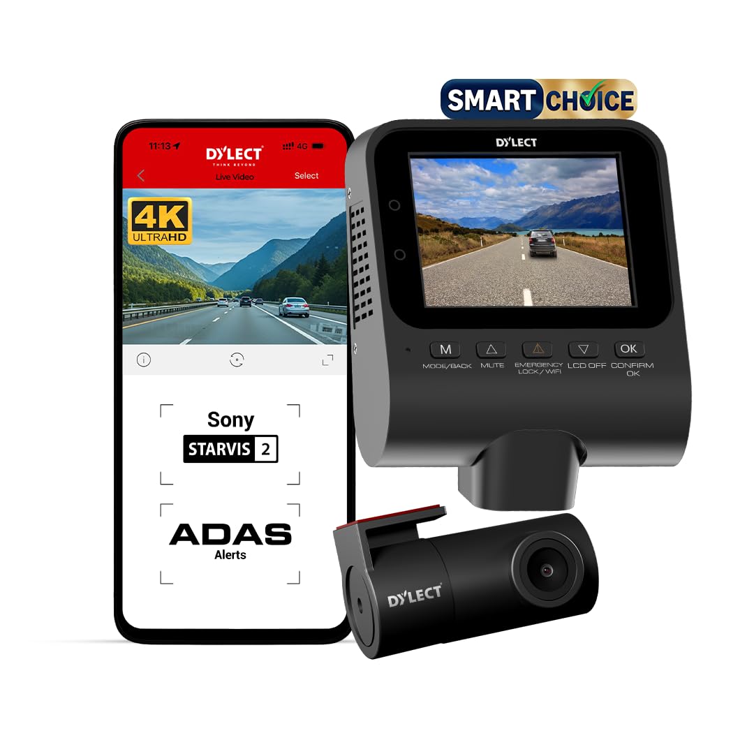 Dylect&reg; Sense Smartchoice 4K Max 2 Channel Dash Cam, 4K Front + 1080p Rear
