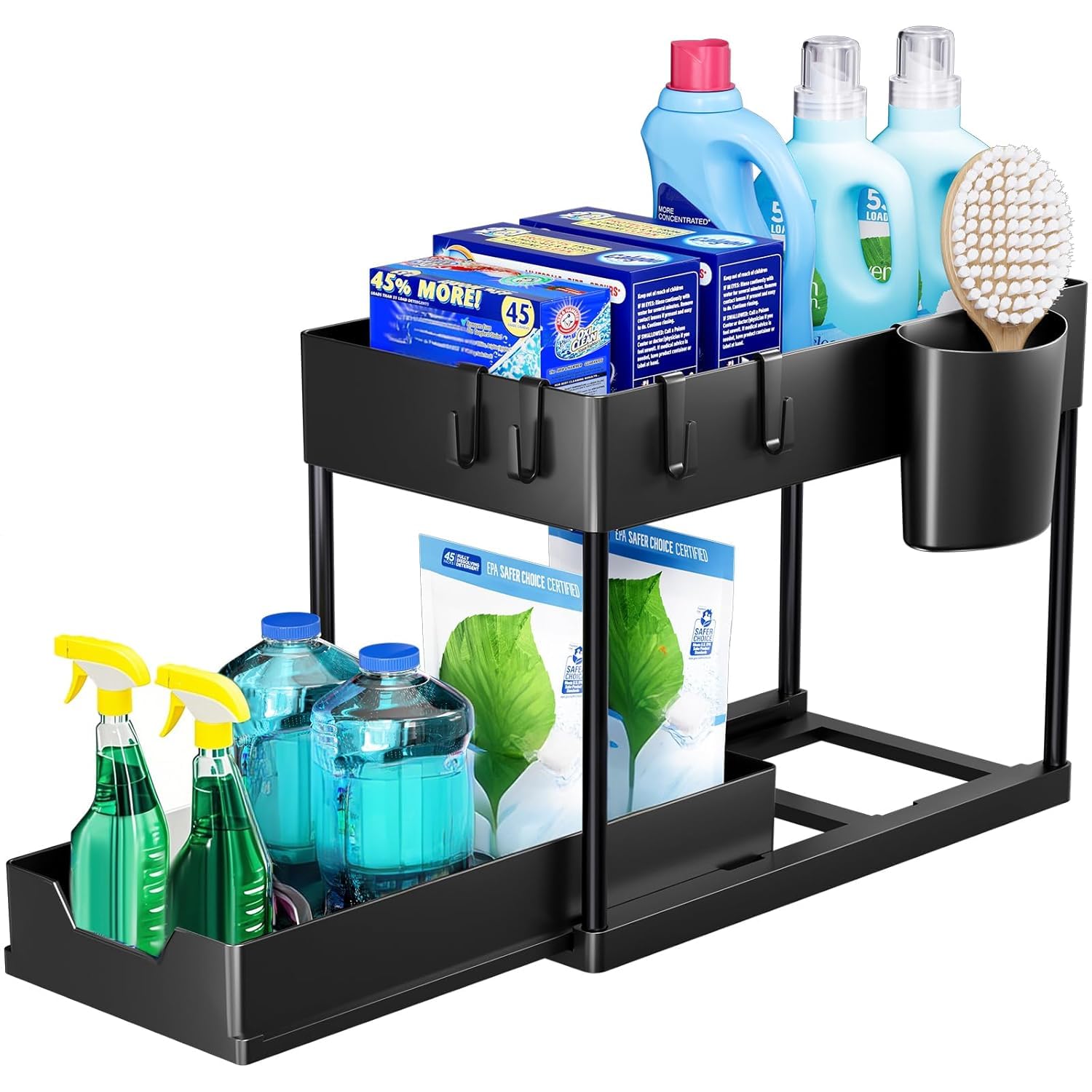 E-COSMOS® 2-Tier Under Sink Organizer - Pull Out Cabinet Storage with Hooks & Hanging Cup, Multi-Purpose Under Bathroom