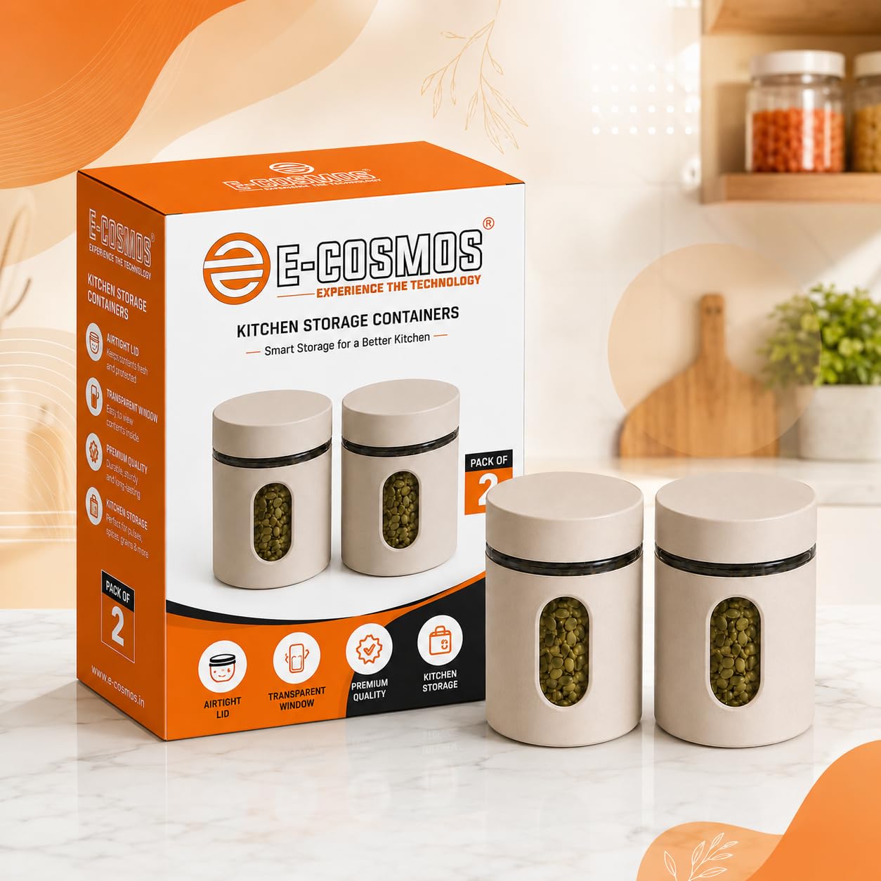 E-COSMOS® 500 ml Plastic Kitchen Storage Container Pack of 2 - Airtight Oval Container with Clear Window for Snacks, Tea