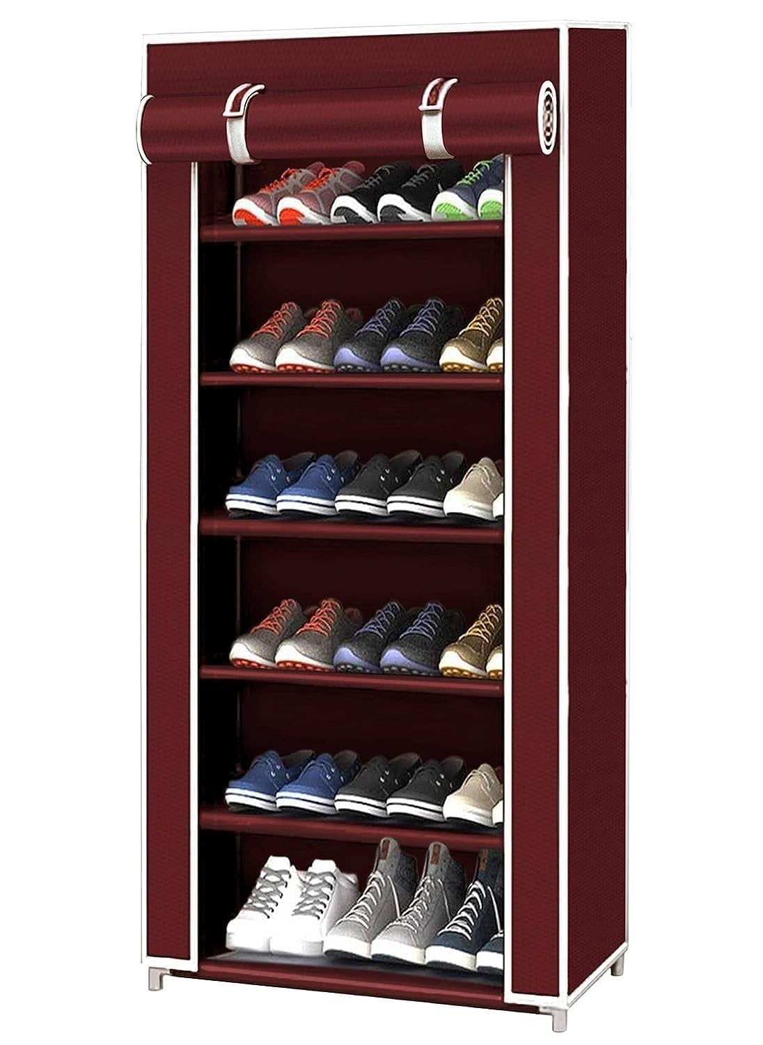 EASY BUY 6 Shelves Shoe Rack Plastic with Zip Door Cover & Side Pockets, (6 Shelves, Plastic) (Maroon)
