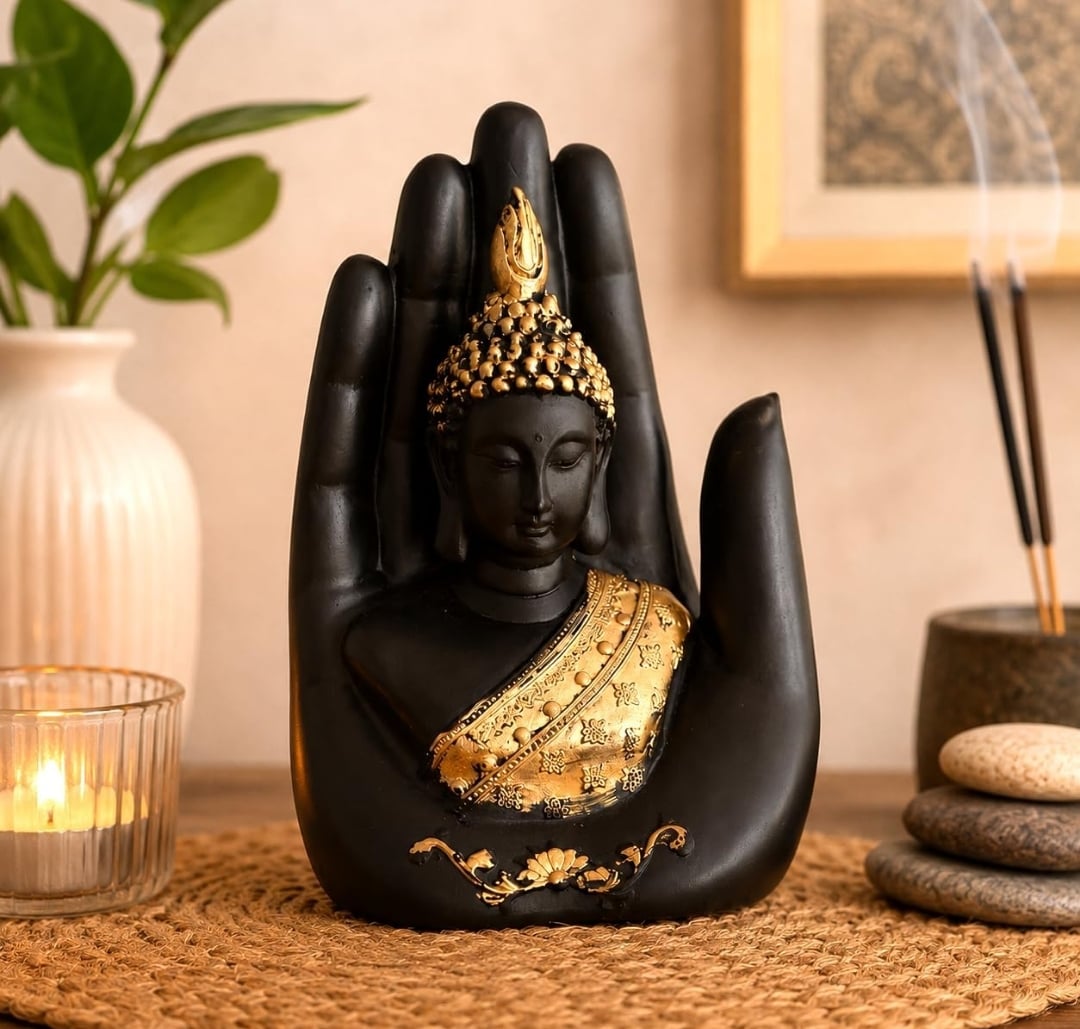 eCraftIndia Resin Black Golden Handcrafted Palm Buddha Statue Showpiece | Lord Buddha Idol for Home Decor Living Room Of