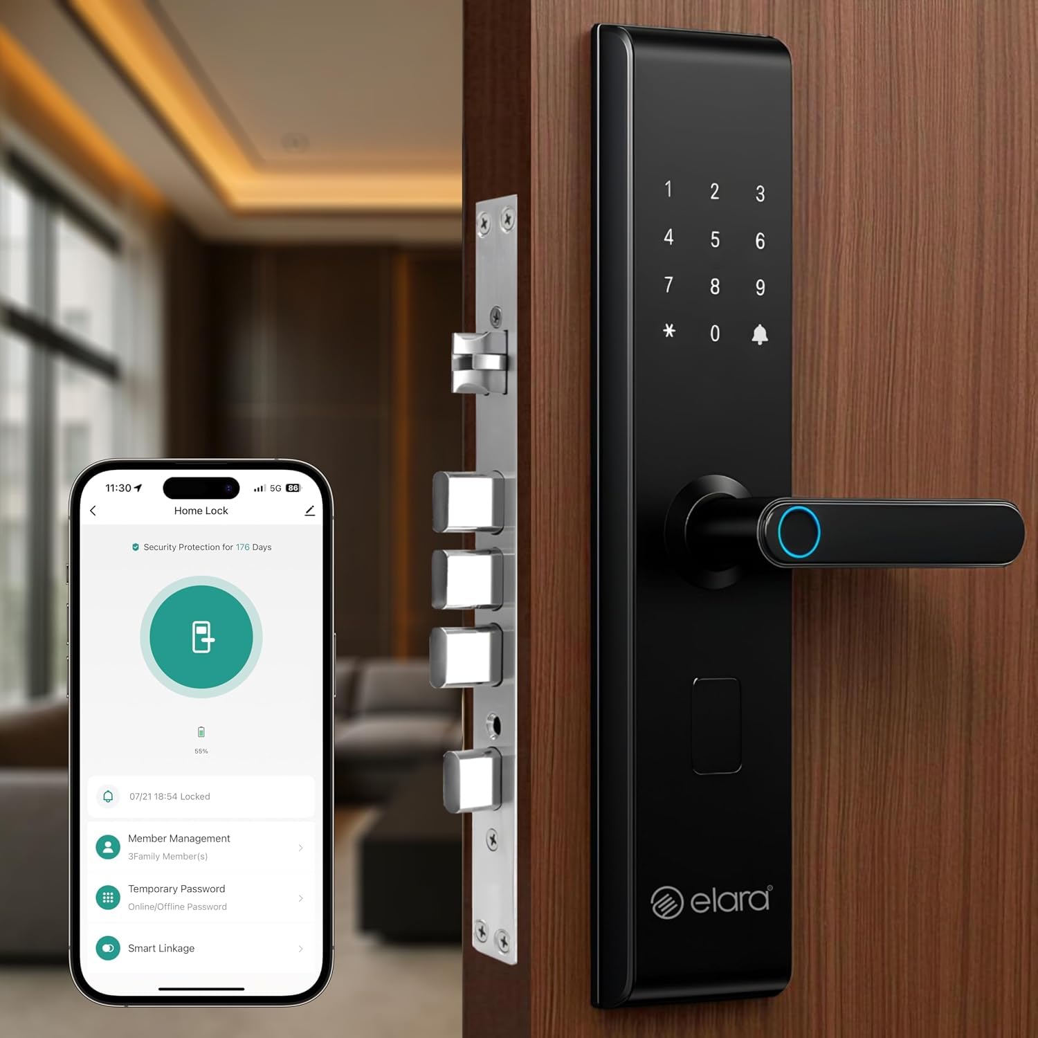 Elara Echo Lite Smart Door Lock, Fingerprint, Card, App, OTP, Keys, PIN Unlock, Alarm Alert, Bluetooth & WiFi, Black, 2