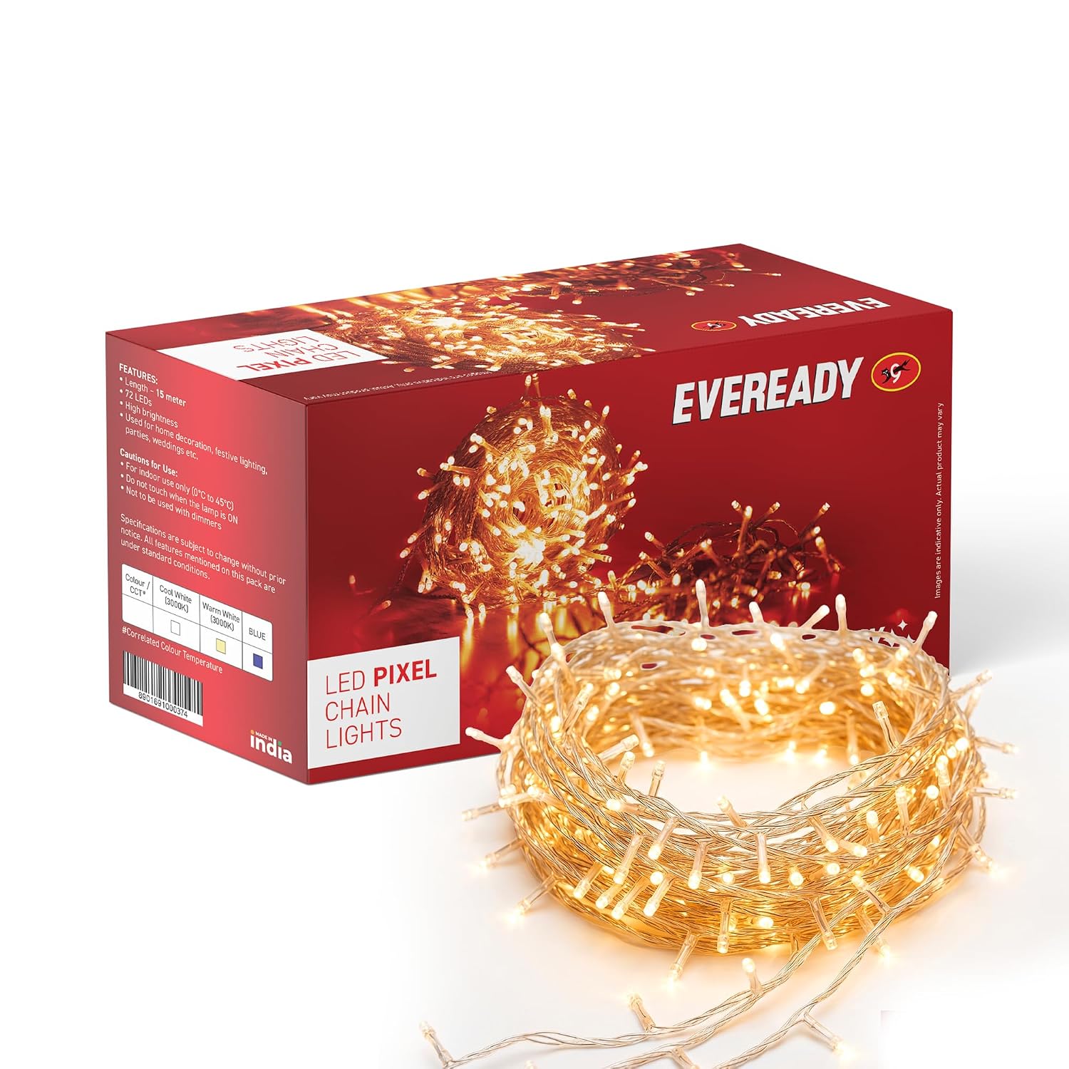 EVEREADY, 33 FEET LED Pixel Lights, 46 LEDs, BIS Approved, High Brightness Home Decoration Ladi String Lights for Ganpat