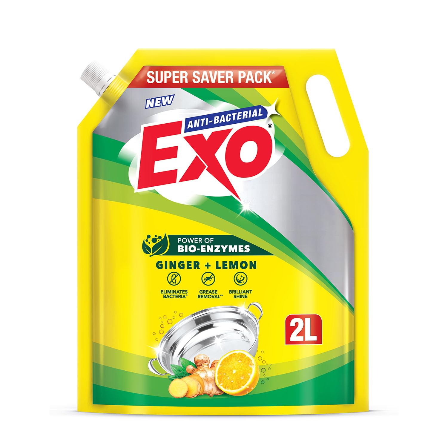 Exo Dishwash Liquid Refill Pack | Ginger & Lemon | Tough Grease Removal for Utensils - 2L
