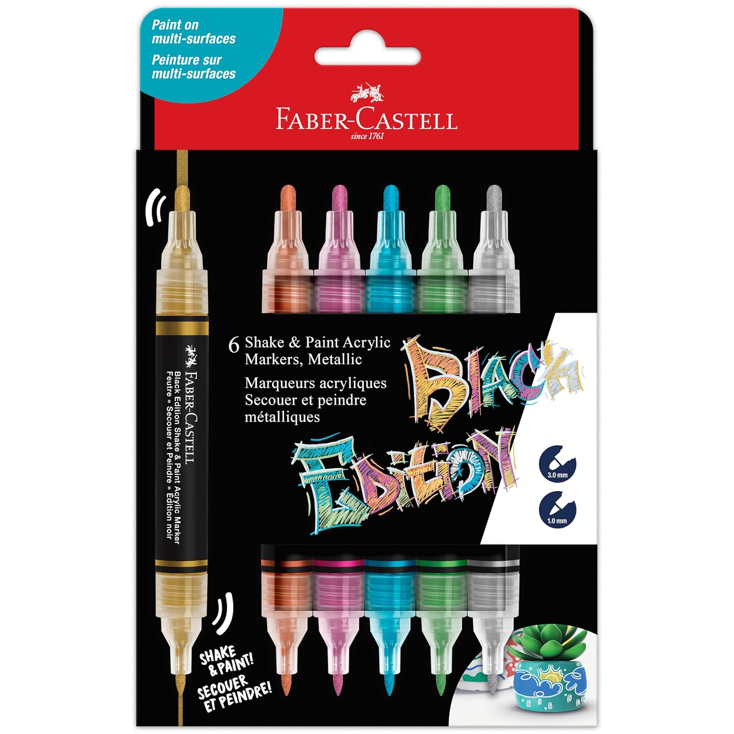 Faber-Castell Black Edition Metallic Acrylic Markers (6 Pcs) | Dual-Tip Paint Pens