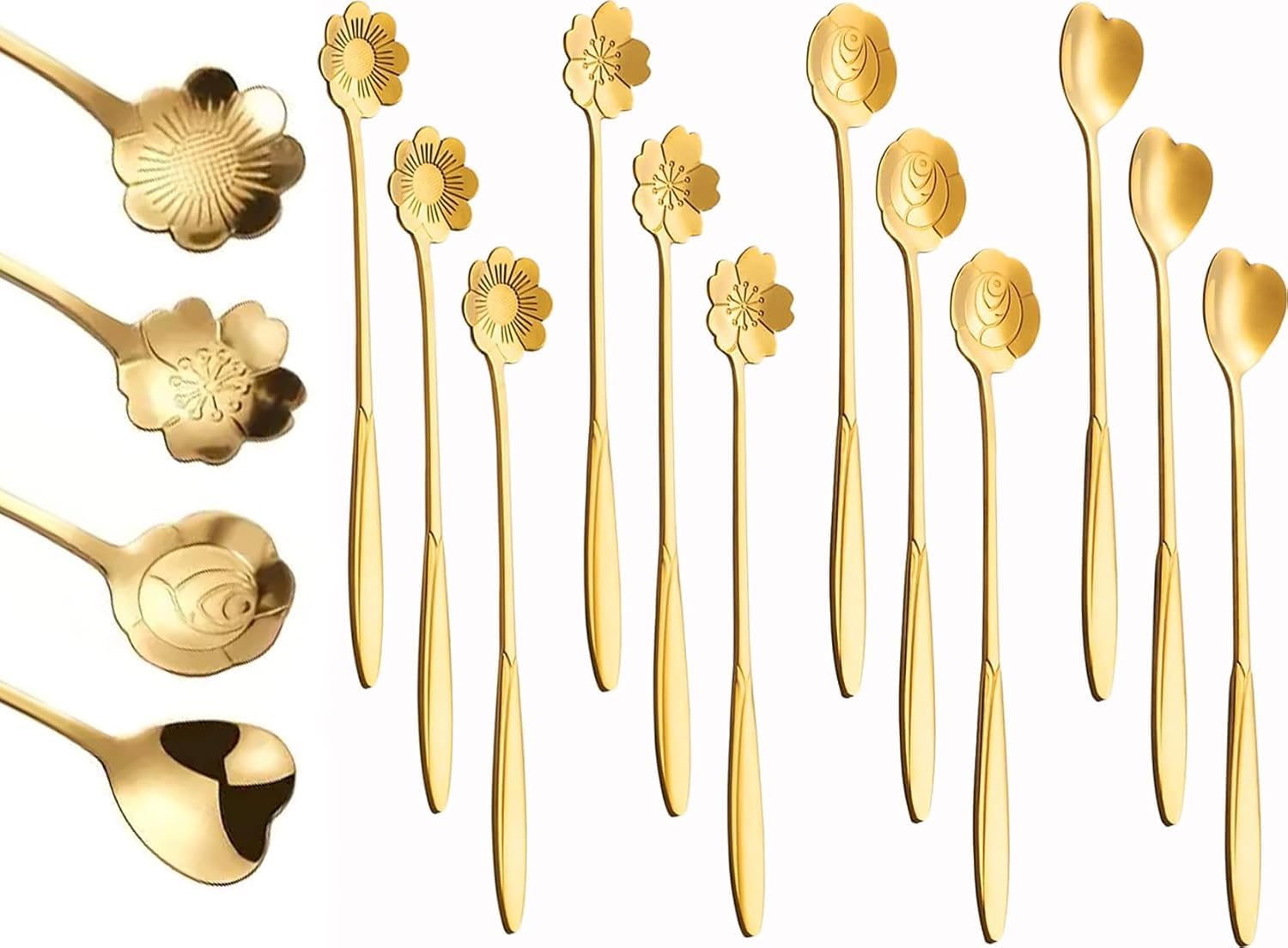 FIDEO Gold Flower Coffee Spoon Set of 4, Stainless Steel Dessert and Tea Spoons with Frosted Handles, Floral Mini Stirri