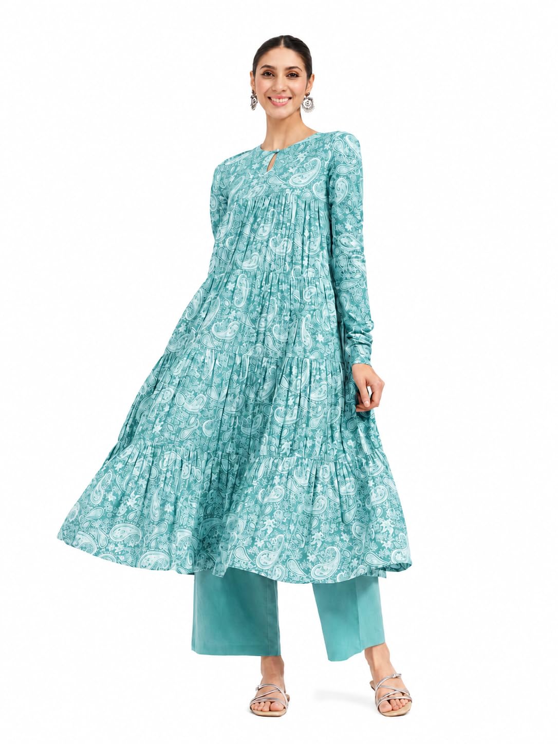 FIORRA Women's Paisley Printed Pure Cotton Anarkali Kurta
